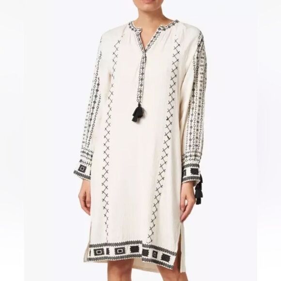 NWT Pomegranate Women's Geo Embroidered Tassel Dress Kaftan Tunic Sz L 000024 - Picture 1 of 8